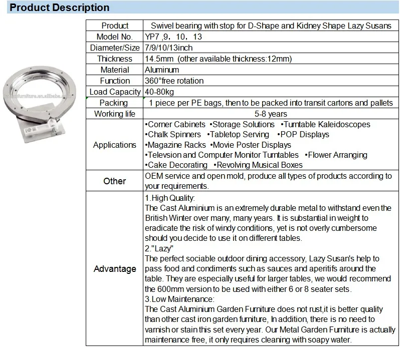 Swivel bearing with stop for D-Shape and Kidney Shape Lazy Susans