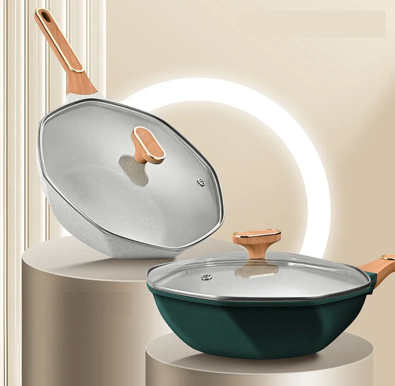 OEM/ODM  Die Cast  Aluminium Nonstick Lightweight Easy-cleaning Induction 28/32 cm Cooking Wok frying pan with wooden handle