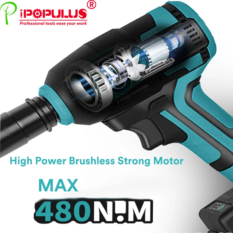 iPOPULUS 330N.m 21V Brushless Electric Impact Wrench 5 Gears Cordless Car Wheels Lugs Repair Tools Wrench For 21V Battery