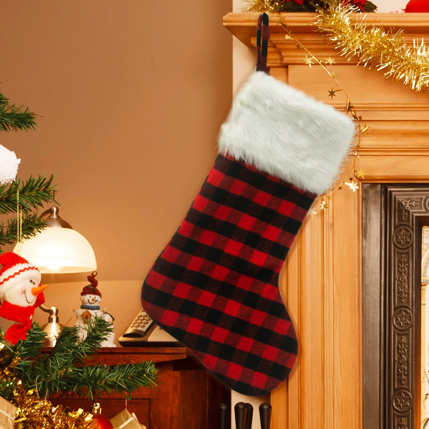 Black Red Plaid White Faux Fur Cuff Buffalo Check Socks for Holiday Christmas Decorations luxury christmas stocking