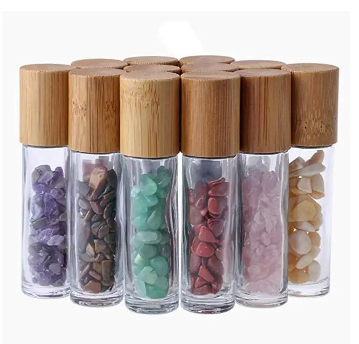 
10ml roll on bottle with gemstone rollerball crystal chips inside glass roller bottles essential oil sample bottles bamboo lids 