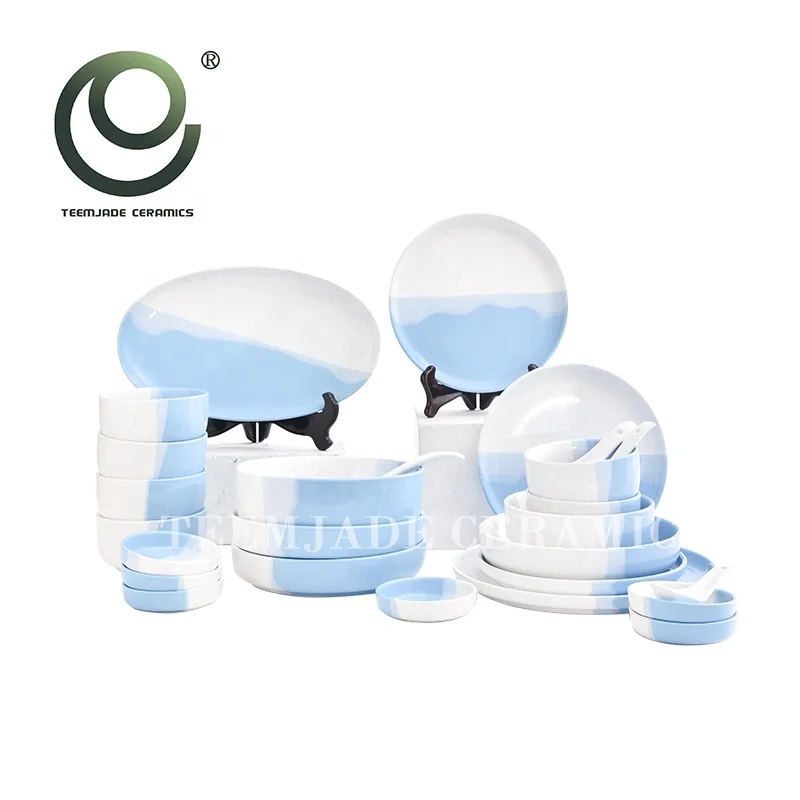 New Arrival Morandi Ceramic Tableware With Spoon Porcelain Bowl and Plate Set Blue Ceramic Dinner Set