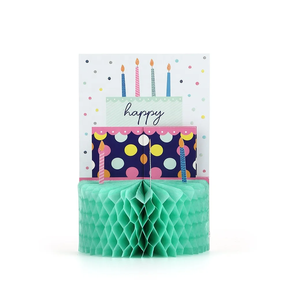 Custom Printing Funny Handmade Birthday Cake Luxury Honeycomb Design 3D Happy Birthday Greeting Cards with Envelopes