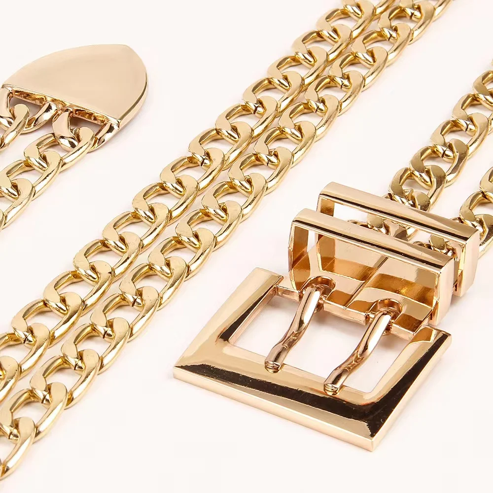 Летний взрывозащищенный металлический ремень в стиле панк, двухрядная Пряжка, двойная золотая металлическая цепочка на талию