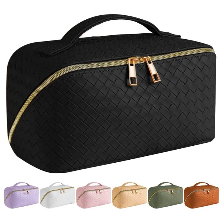 Large Capacity Travel Cosmetic Bag - Makeup Bag PU Leather Waterproof Women Portable With Handle and Divider Flat Lay Organizer