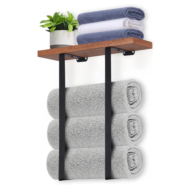 Metal Wood Bathroom Rolled Bath Towels Storage Organizer Towel Rack Wall With Shelf for