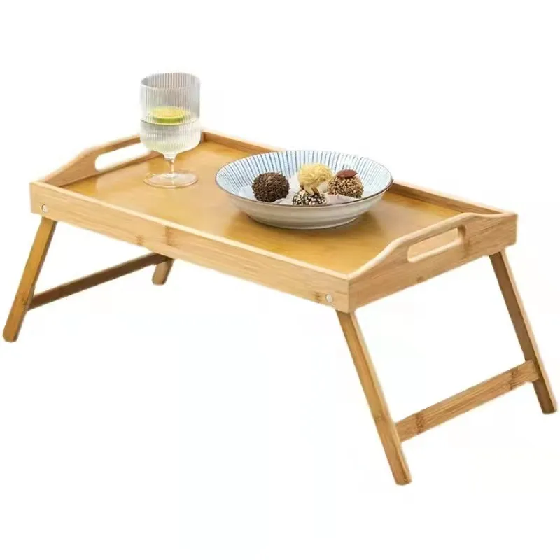 Custom Modern Floating Bamboo Wood Bed Breakfast Food Serving Tray With Folding Legs