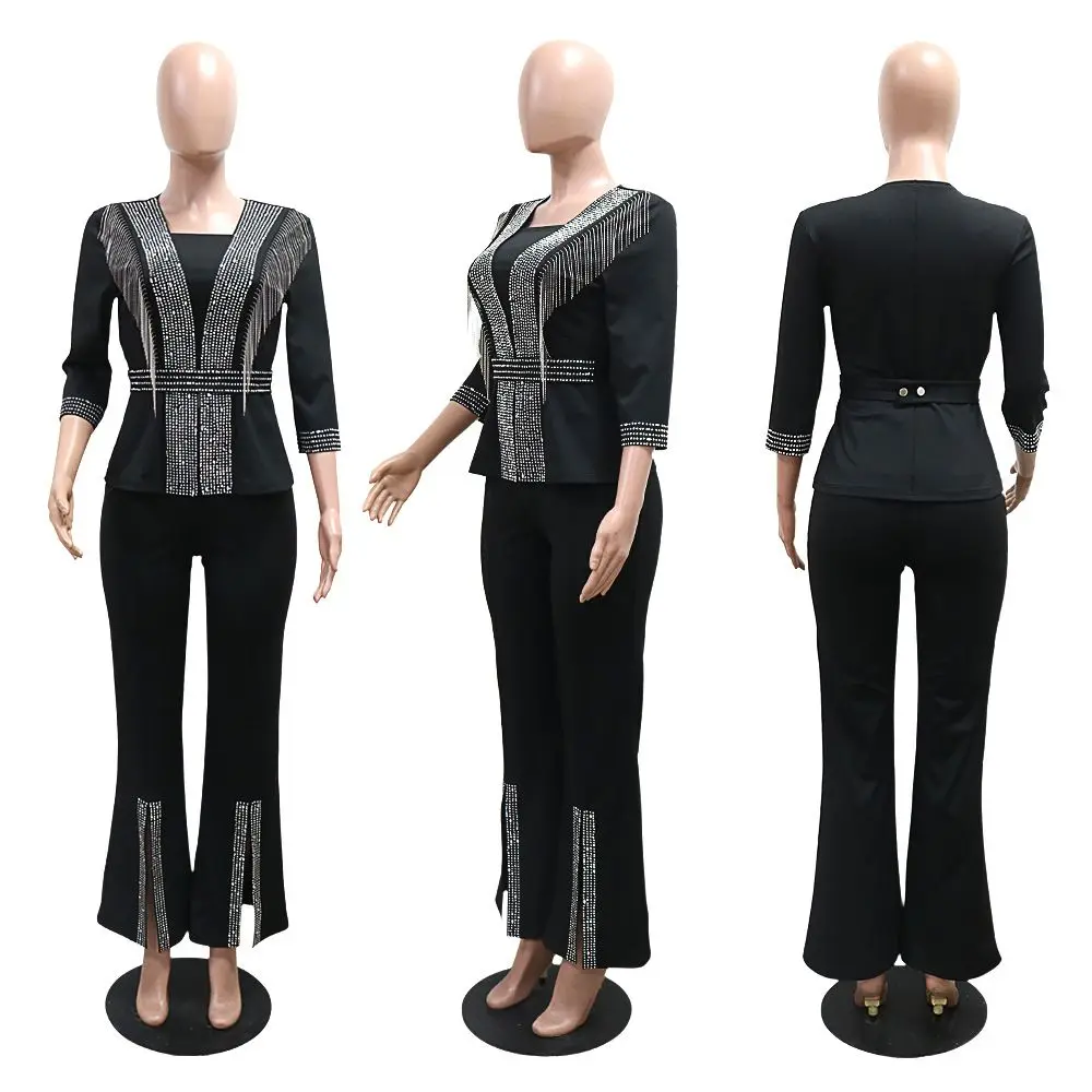 2 Pieces Sets For African Women Clothes Chiffon Tracksuit With Stones Long Dress Tops Pants Outfits