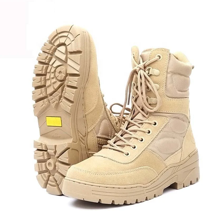 Sandy and black high cut genuine leather safety boots with laces for men