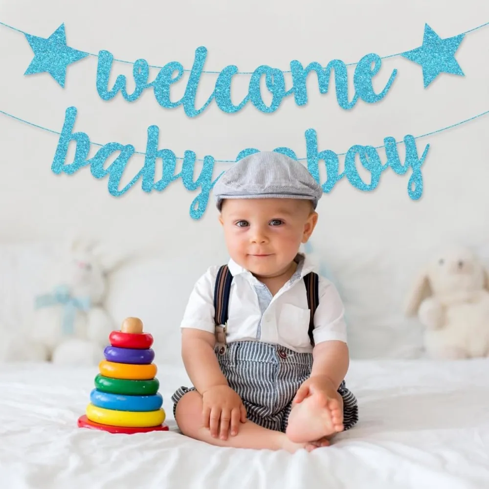 Welcome Baby Girl Boy Banner Baby Shower Pull Flag Gold Glitter Letters Party Decoration for Baby Arrival Party Flag