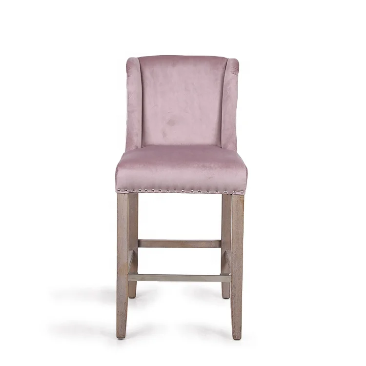 Wholesale Factory Price Antique Style High Wooden Leg Pink Velvet Bar Stools chairs