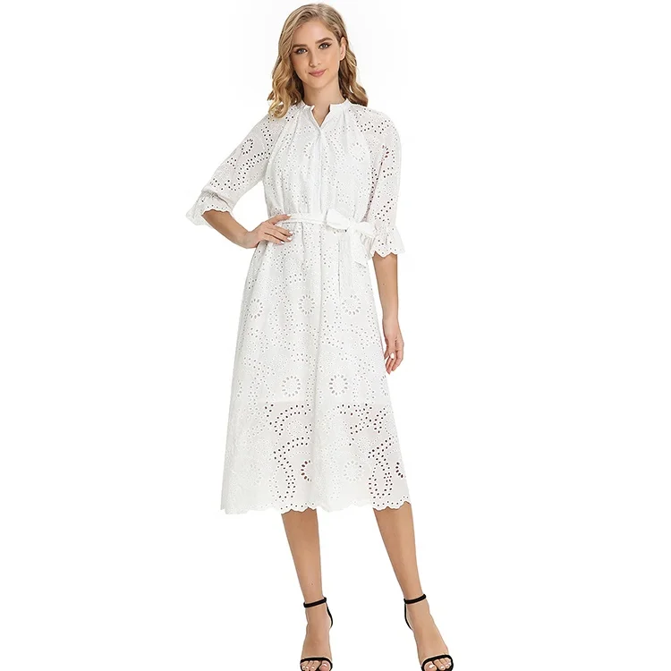 Женская одежда, Белые Повседневные хлопковые платья миди с V-образным вырезом и вышивкой