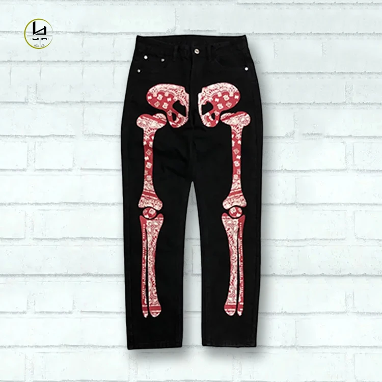 Factory direct sales OEM high street hip hop style skeleton design denim pants custom brand jeans for men