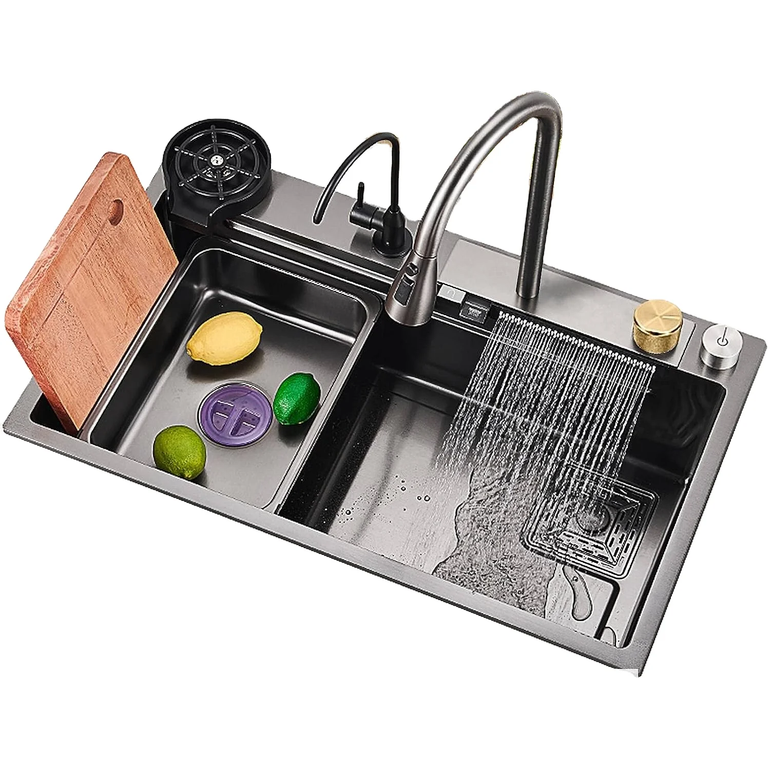 Stainless Steel 304 Metal Grey Stainless Steel Nano Kitchen Sink Sets with Flying Rainfall Faucet And Gift Cup Washer