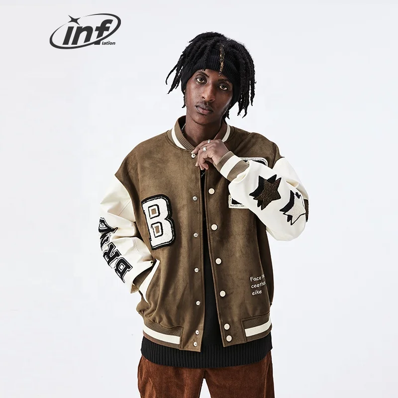 INF 3D Embroidery Baseball Jacket Custom Letterman Bubble Men Bomber Jacket Leather Jacket for Men