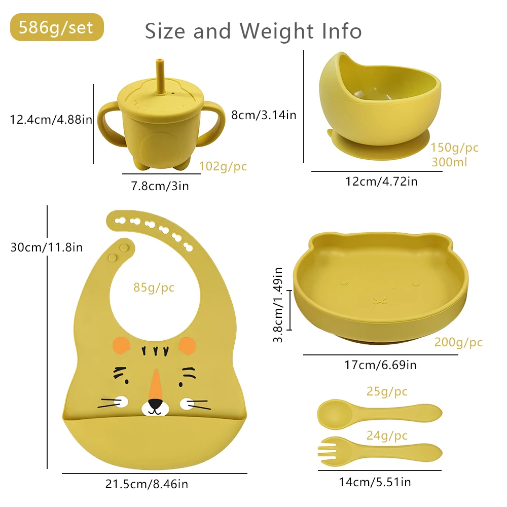 SET7111ASF Kids Dining Set Infant Tableware Weaning Kit Food Grade Baby Bowl Printed Bibs Suction Plate Spoon And Fork