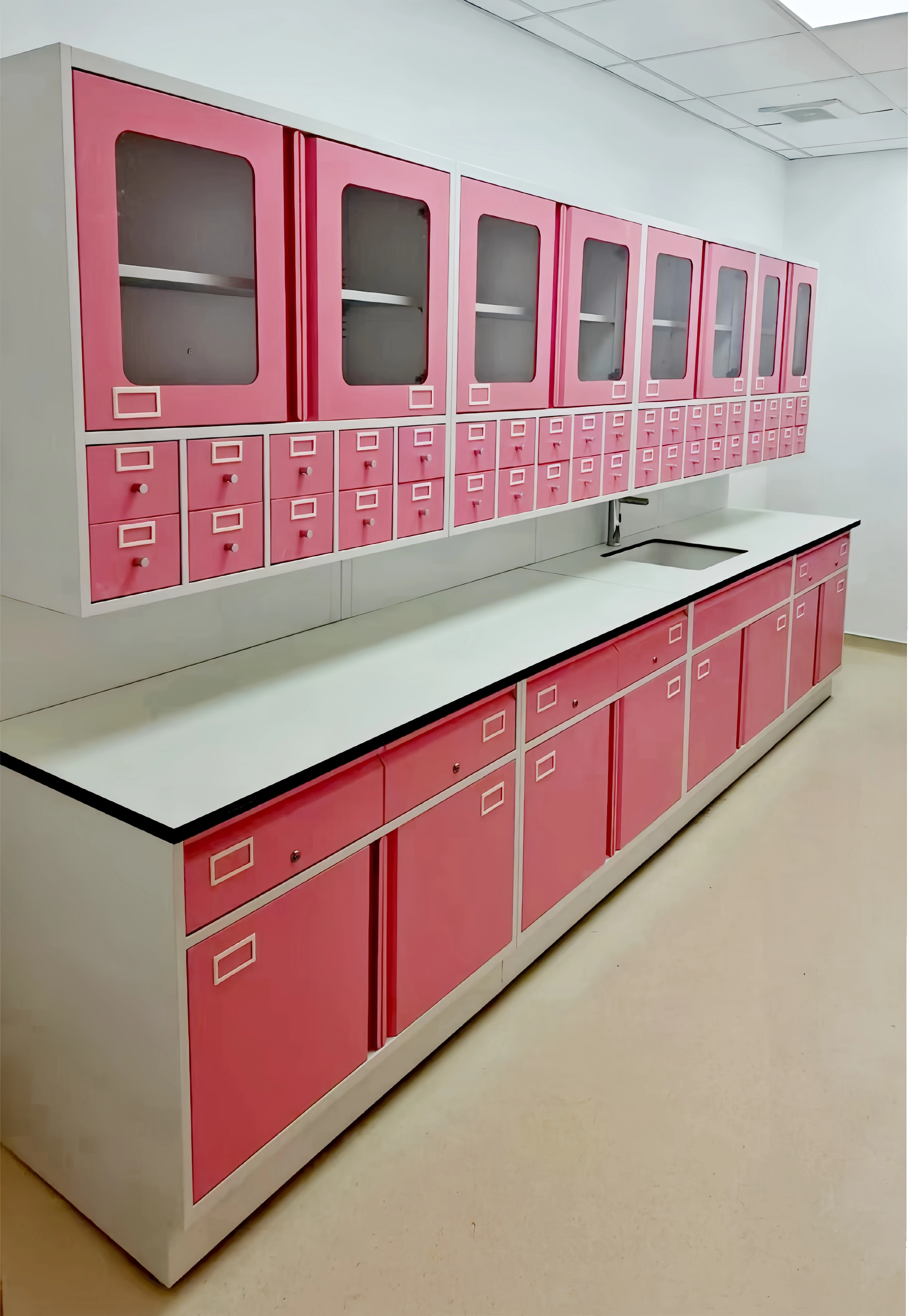 Medical chemical laboratory furniture with wall mounted storage cabinet lab bench