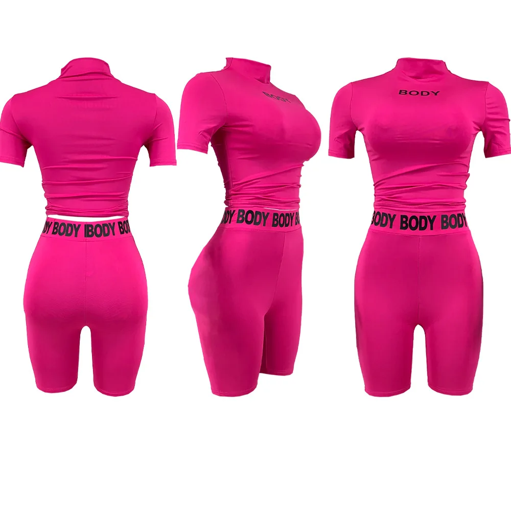 Custom Logo Track Suit Women Solid Color Shirts And Shorts Set Yoga Wear Two Piece Set Athletic Jogger Suit Biker Shorts Outfits