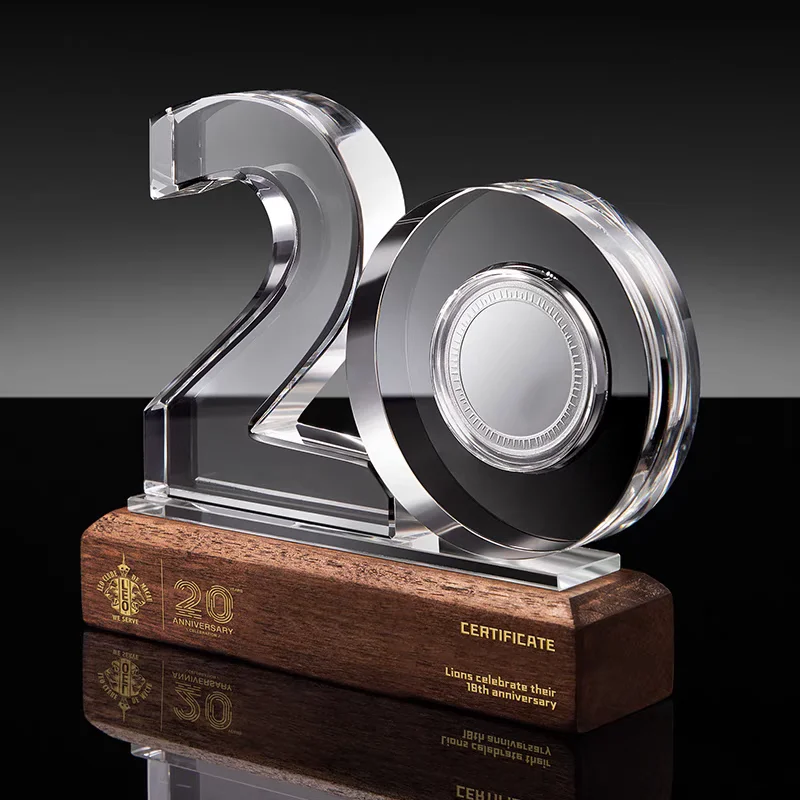 JN Etched Crystal Glass Medal Awards Crystal Glass Digital Trophy Award Custom Number Logo Digital Crystal Trophy With Wood Base
