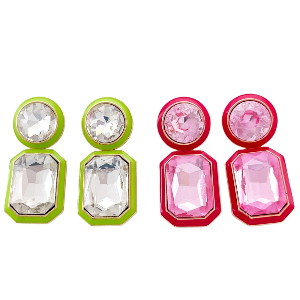 Fashion jewelry wholesale crystal diamond colorful enamel drop gold plated stud earrings for women