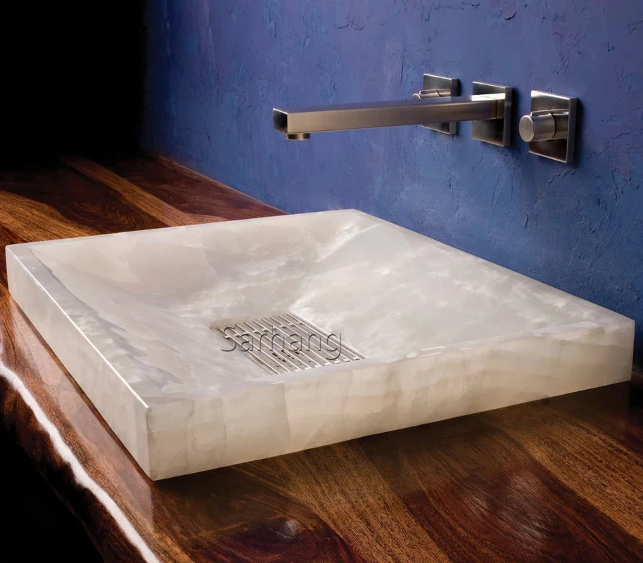 Square shape fancy green onyx stone bathroom sinks