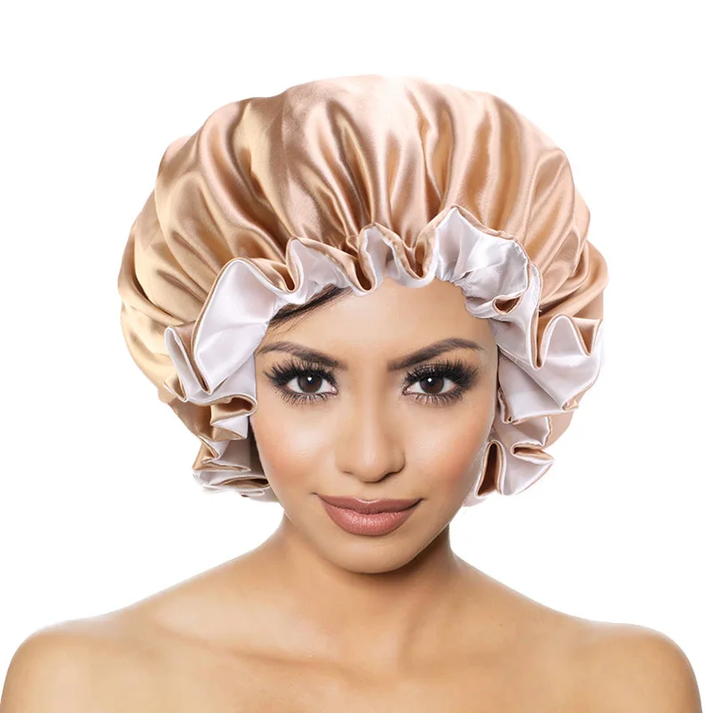 HB651A Reversible Satin Bonnet Hair Caps Double Layer Adjust Sleep Night Cap For Curly Springy