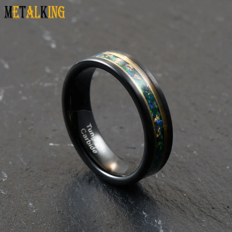 Black Gold Plated 6mm Tungsten Ring Blue Opal And Gold Foil Inlay Flat Edge Wedding Band