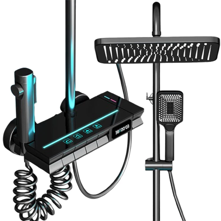 GAONUO Discount Ambient Light Piano Key Bath Shower Mixer Digital Display Brass Shower System Bathroom LED Shower Faucet Set