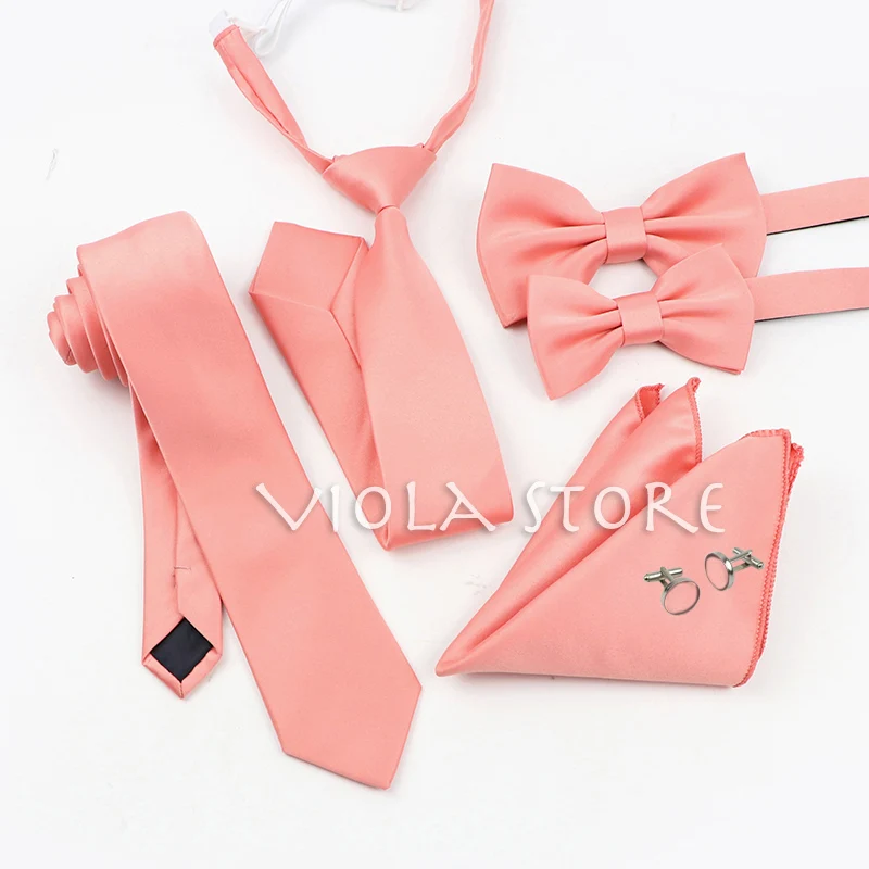 6 PCS Top Hot Color Green Pink Blue Polyester Solid 6cm Tie Set Men Kids Wedding Bowtie Hankie Party Gift Cravat Shirt Accessory