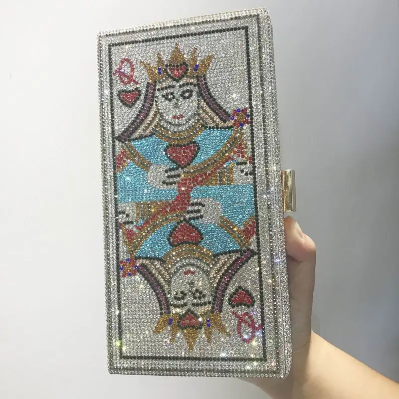 
New Trendy Luxury Rhinestone Diamond Queen Playing Card Crossbody Woman Handbag Bag Poker Mermaid Shape Clutch Evening Bag 