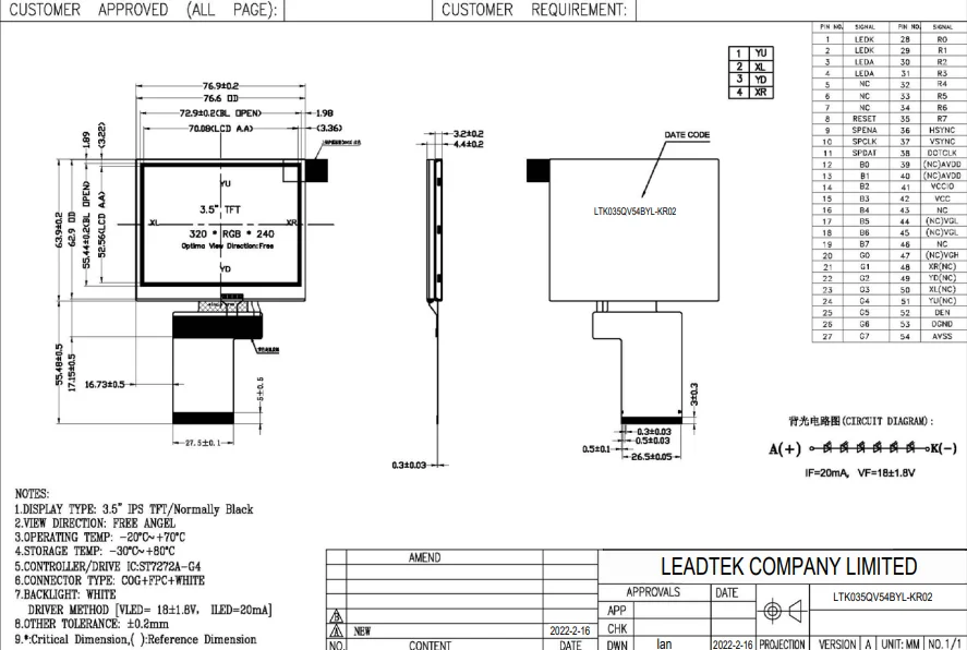 Customized FPC 3.5 inch IPS 320*240 lcd module RGB interface TFT LCD display panel