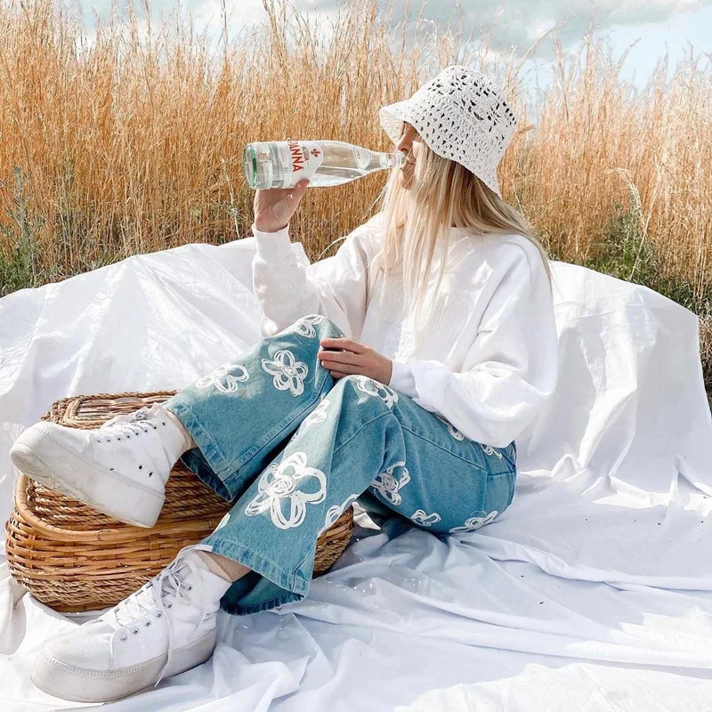 New Vintage flower printed jeans women High waist Harajuku Aesthetic jeans denim streetwear fashion jeans women