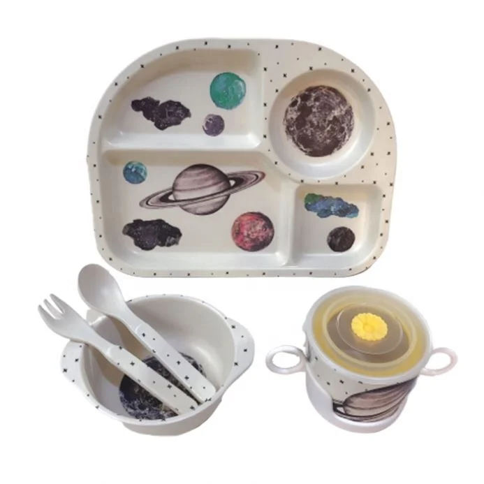 rectangle gray  cloud 4 divided bamboo fiber kid dinner ware set with cups