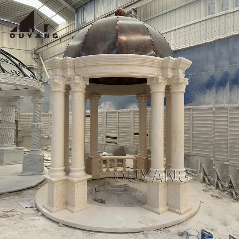 QUYANG Large Hand Carved European Style Garden Furniture Outdoor Natural Stone Pavilion Marble Gazebo with Column