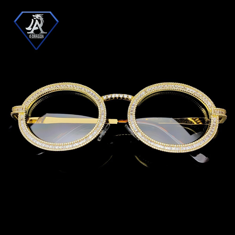 2024 Iced Out Gold Plating Glasses Retro Round Sunglasses Women Vintage Sun glasses Bling Cubic Zirconia Hip Hop Jewelry