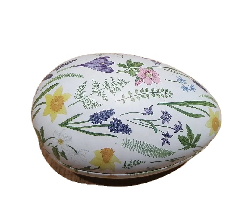 Egg shape tin box with ribbon and label / packaging tin can with lovely shape