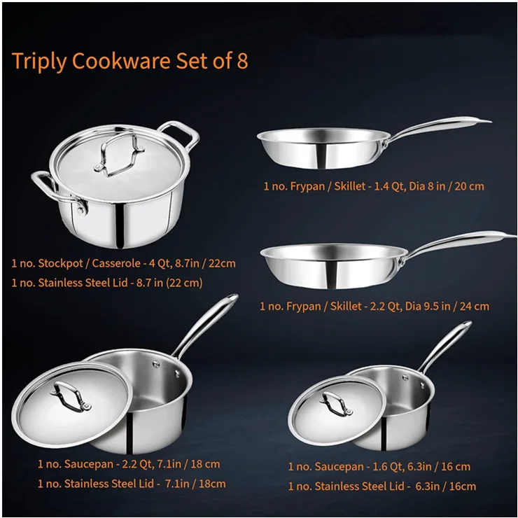 Manufacture OEM&ODM Luxury  8 pcs three layer stainless steel kitchen pots and pans food cooking cookware set with 201 ss lid