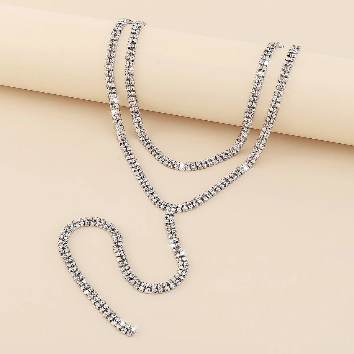 Night Party Women Double Layered Long Diamond Rhinestones Lariat Choker Collar Chain Necklace Jewelry