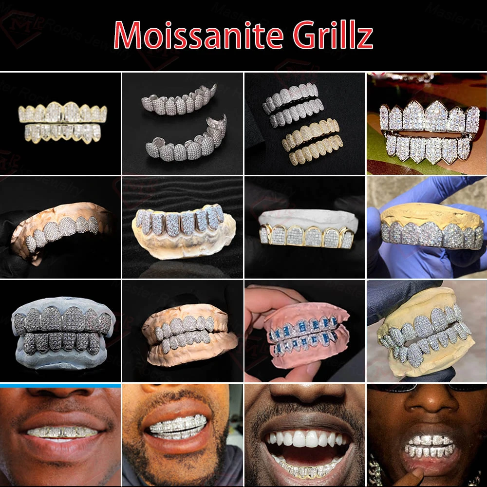 Хип-хоп Grillz алмазные зубы 8 верхних нижних красных синих черных желтых камней 925 серебряных покрытий циркон на заказ