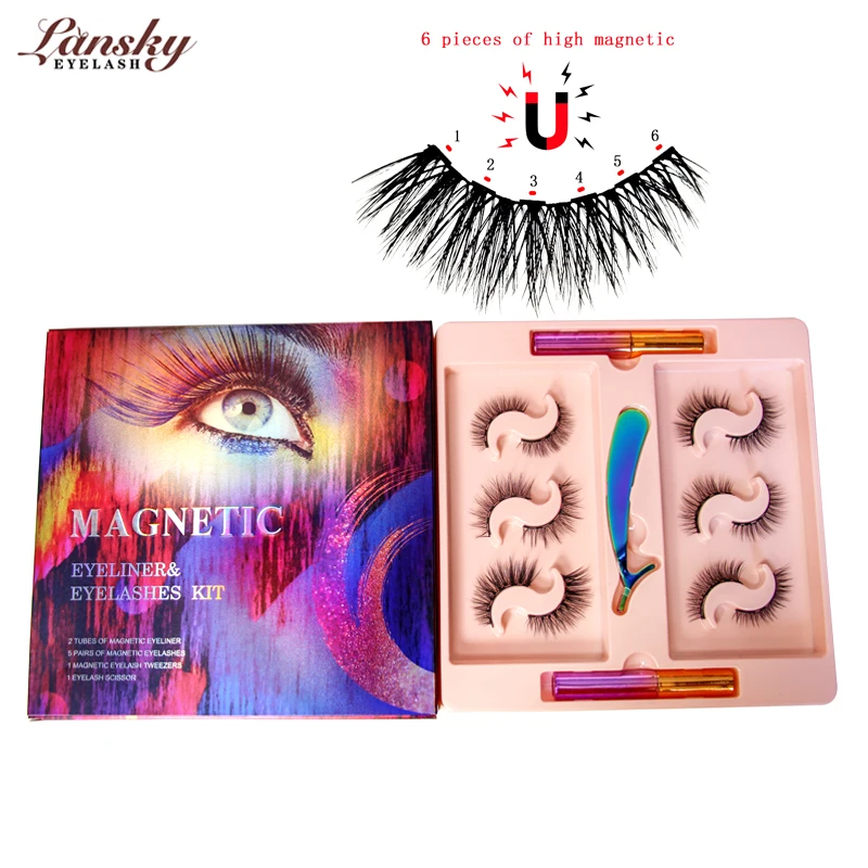 private label box packaging invisible 6 magnets 3d magnetic false faux mink eyelashes kit with adhesive eyeliner and tweezers