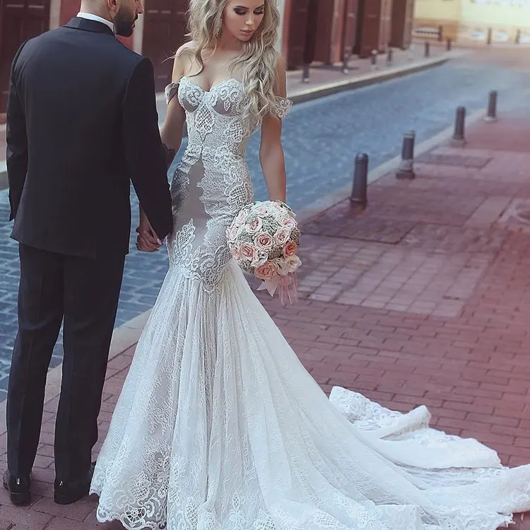 off shoulder sweetheart fashion  western long tail lace vestidos de novia bride dress sexy mermaid bridal gowns  wedding dress
