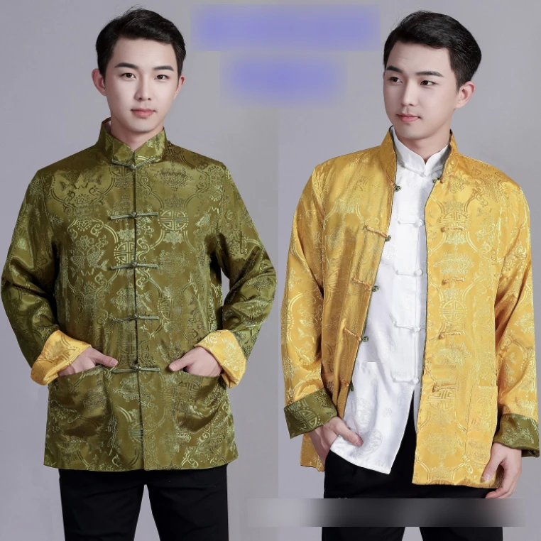 Long Sleeve Reversible Traditional Chinese Clothing Kung Fu Frog-Button Shirts for Men Mandarin Collar Tang Suit