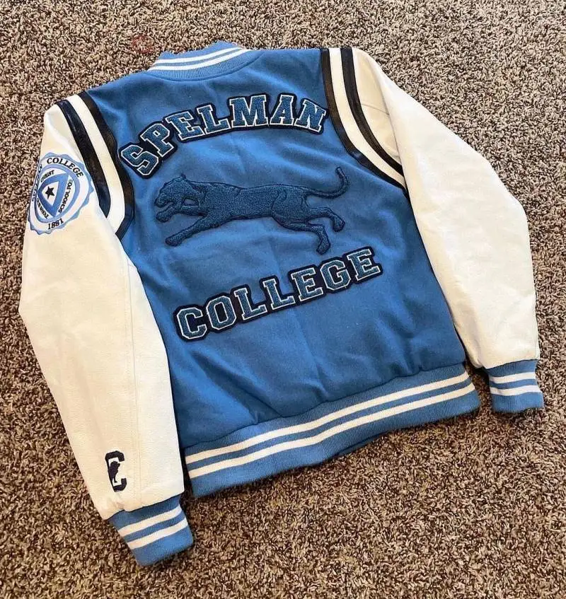 Distressed Embroidery Varsity Jacket White And Blue College Basketball Jacket White Winter Leather Jacket For Men
