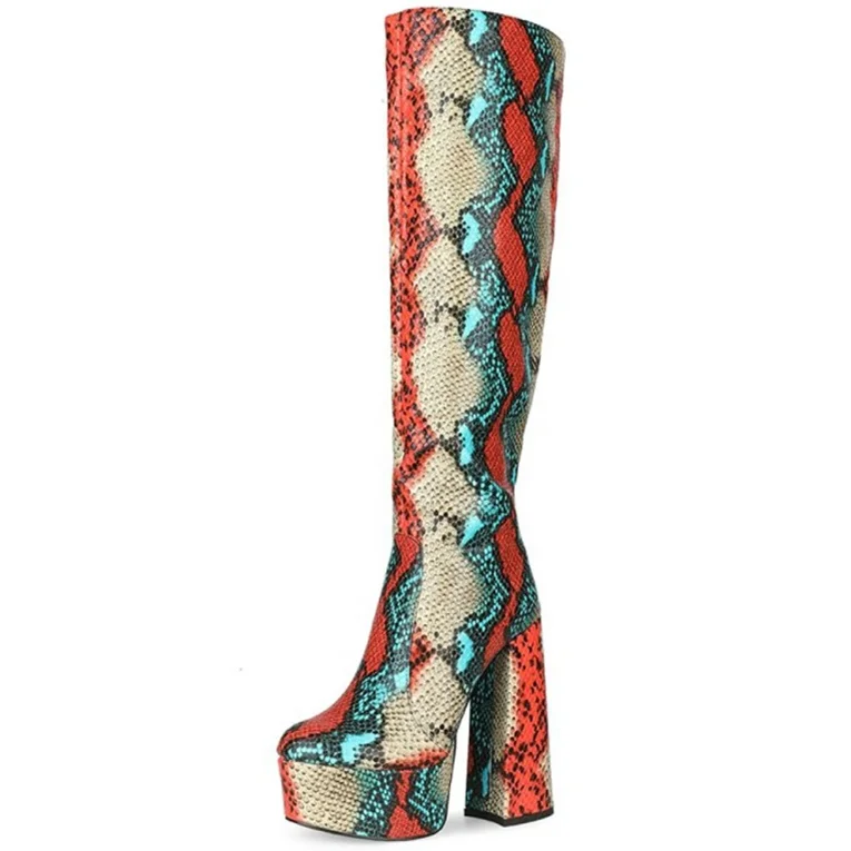 Fashion Round Toe Women Knee High Boots Colorful Snakeskin Prints Chunky High Heel Boots for Lady Large Size Party Long Boots