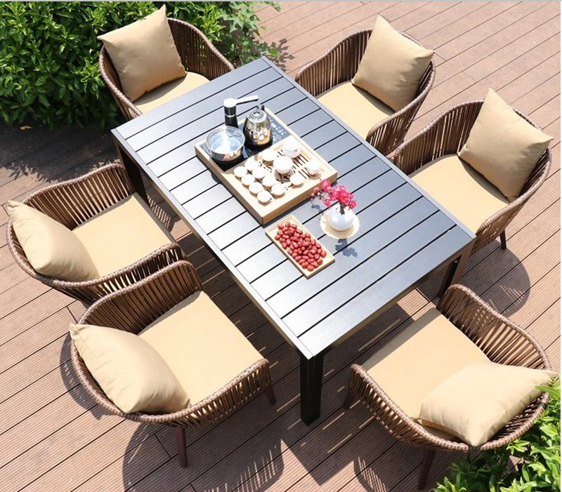 Retro style resort restaurant outdoor dining table and chair plastic rattan woven antique wicker outdoor furniture