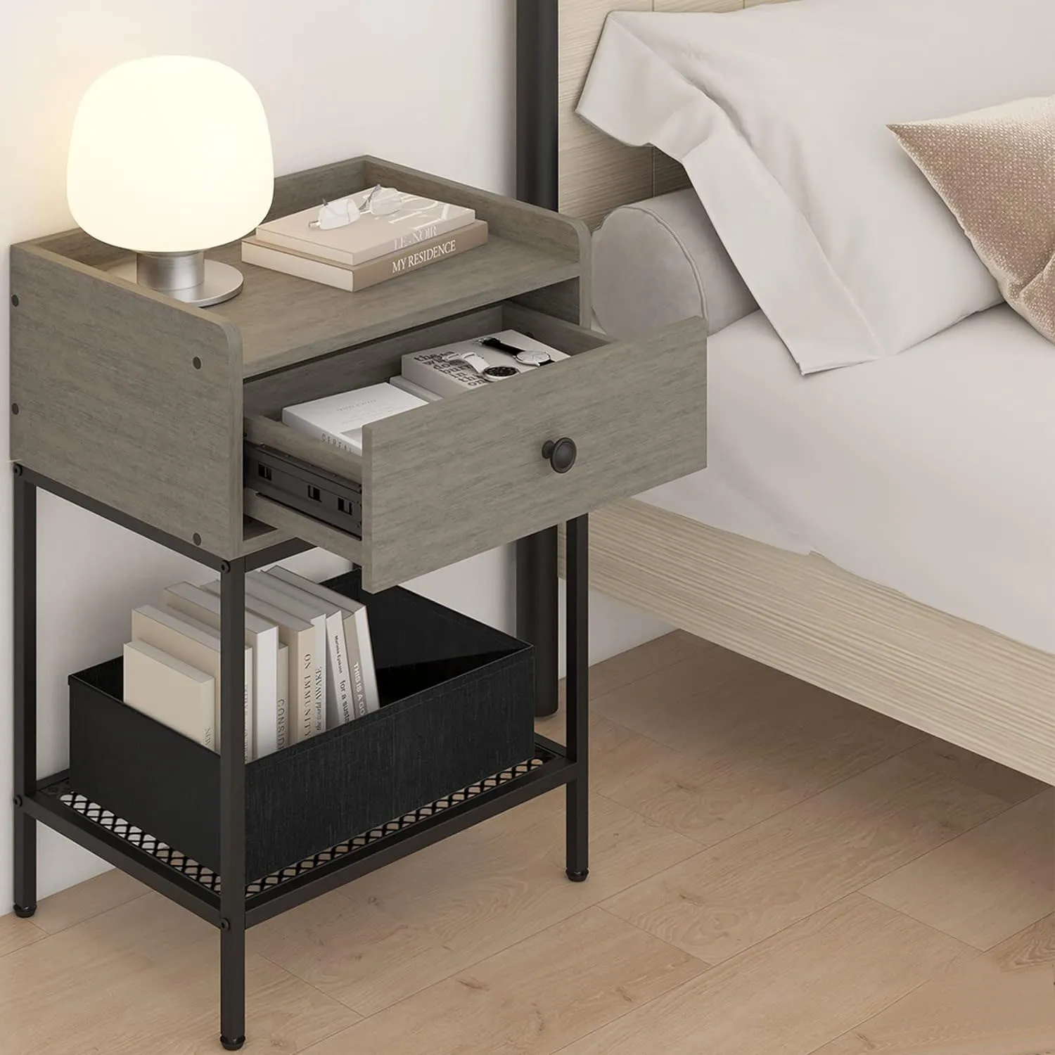 Modern 2-Tier Side Table with Drawer Bedside Table Night Stand Storage Shelf with Metal Frame for Bedroom, Living Room