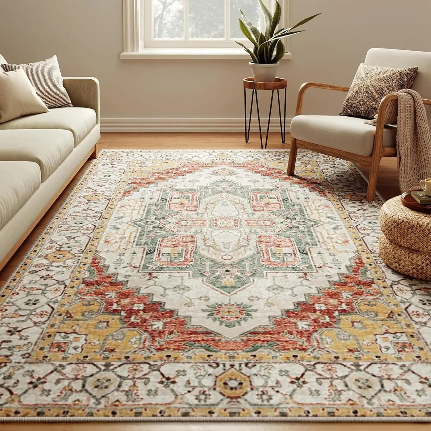 Red and Yellow Vintage Indoor Soft Easy Clean  Home  Low Pile Bohemia  Dining Room Carpet