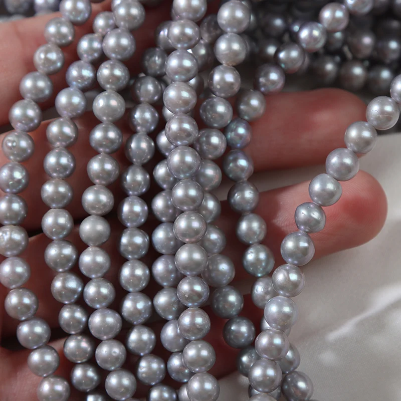 Hot Selling 5-6mm Natural Freshwater Pearl Nucleated Gray Near Round Beads Cultured Pearls Akoya