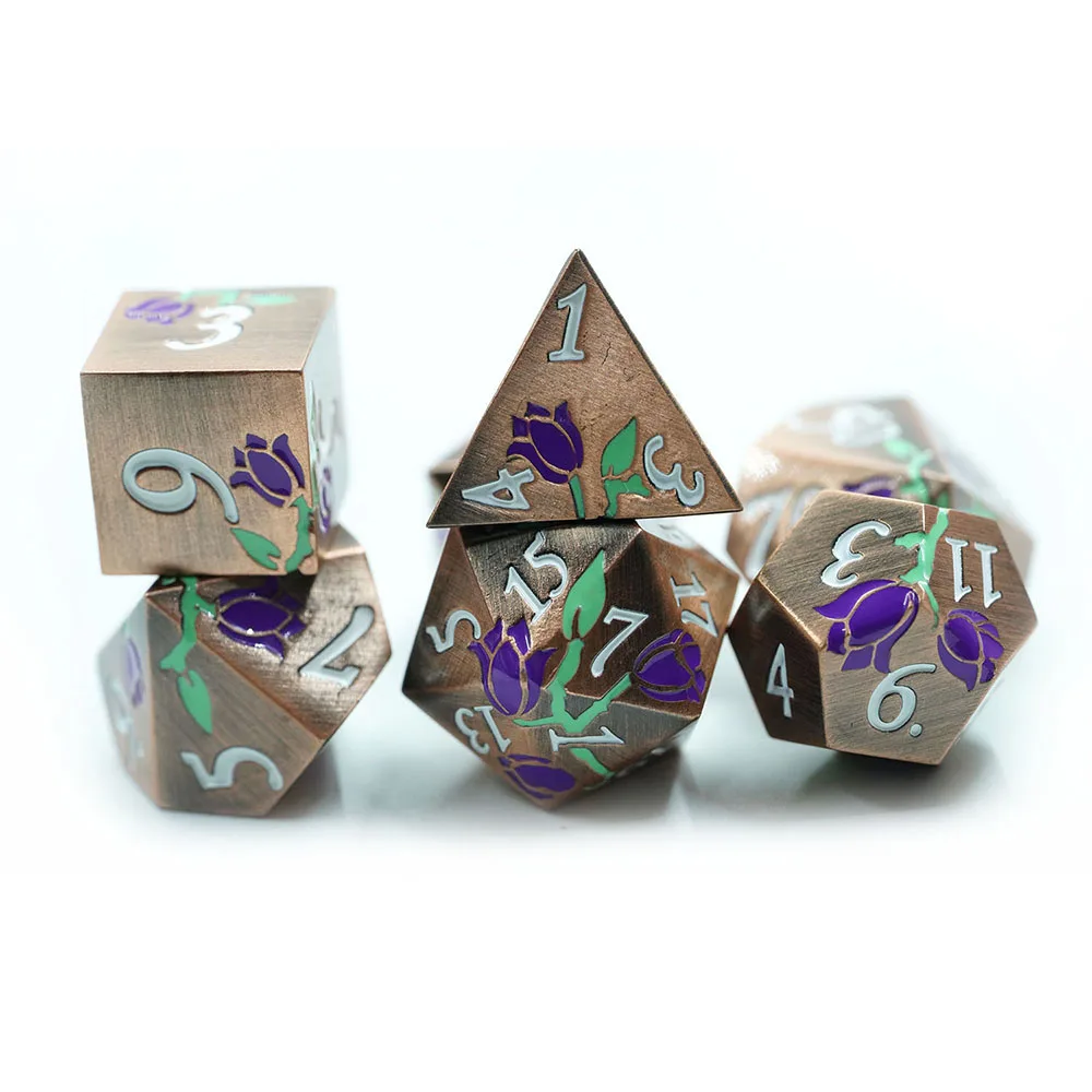 Best Selling copper Multiple Colors Durable Antique Dnd Metal flower Dice Set For Dnd Games