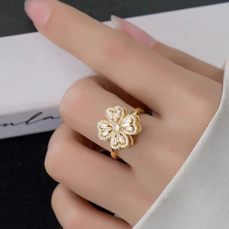 High quality shining rotating four-leaf clover colorful zircon ring love evil eye snake opening ring